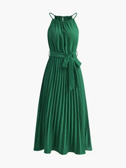 Online Halter Belted Pleated Midi Dress Vacation Dresses|Summer Dresses