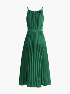 Online Halter Belted Pleated Midi Dress Vacation Dresses|Summer Dresses