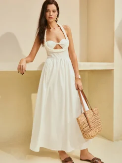 Online Halter Cutout Backless Dress White Dresses|Casual Dresses