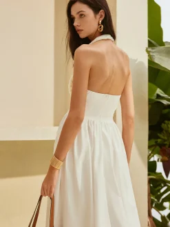 Online Halter Cutout Backless Dress White Dresses|Casual Dresses