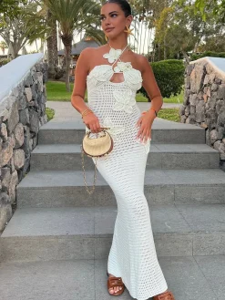 Outlet Halter Cutout Jacquard Long Sweater Dress White Dresses|Sweater Dresses