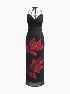 Best Halter Drawstring Backless Floral Dress Black Dresses|Floral Dresses