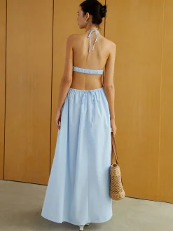 Halter Elastic Waist Cutout Long Pocket Dress Cocktail & Party Dresses|Vacation Dresses