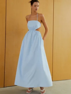 Halter Elastic Waist Cutout Long Pocket Dress Cocktail & Party Dresses|Vacation Dresses