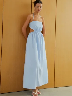 Halter Elastic Waist Cutout Long Pocket Dress Cocktail & Party Dresses|Vacation Dresses
