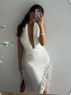 Halter Low-Cut Asymmetrical Ruffle Hem Lace Dress White Dresses|Cocktail & Party Dresses