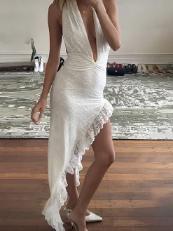 Halter Low-Cut Asymmetrical Ruffle Hem Lace Dress White Dresses|Cocktail & Party Dresses