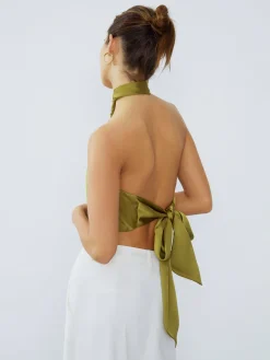 Halter Neck Twist Open Back Satin Crop Top Crop Tops|Blouses & Shirts