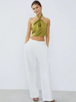 Halter Neck Twist Open Back Satin Crop Top Crop Tops|Blouses & Shirts