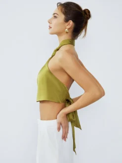 Halter Neck Twist Open Back Satin Crop Top Crop Tops|Blouses & Shirts