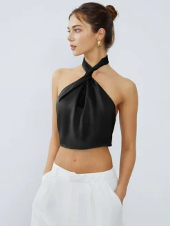 Halter Neck Twist Open Back Satin Crop Top Crop Tops|Blouses & Shirts