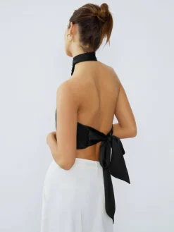 Halter Neck Twist Open Back Satin Crop Top Crop Tops|Blouses & Shirts
