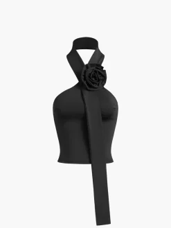 Clearance Halter Open Back Rosette Tank Top Sweater Tops|Tank Tops & Camis