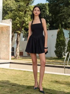 Best Halter Panel Corset Short Dress Black Dresses|Casual Dresses