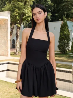 Best Halter Panel Corset Short Dress Black Dresses|Casual Dresses