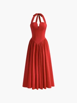 Sale Halter Sweetheart Pleated Midi Dress Cocktail & Party Dresses|Summer Dresses