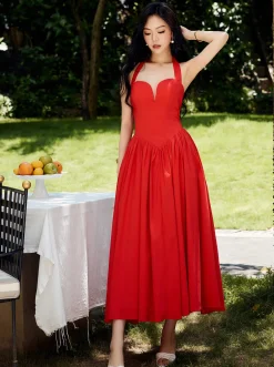 Sale Halter Sweetheart Pleated Midi Dress Cocktail & Party Dresses|Summer Dresses