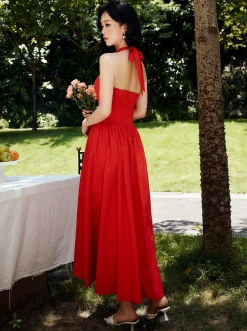 Sale Halter Sweetheart Pleated Midi Dress Cocktail & Party Dresses|Summer Dresses