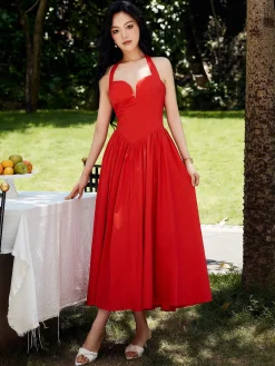 Sale Halter Sweetheart Pleated Midi Dress Cocktail & Party Dresses|Summer Dresses