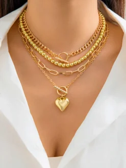 Heart Pendant Multi Chain Necklace Necklaces|Accessories