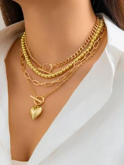 Heart Pendant Multi Chain Necklace Necklaces|Accessories
