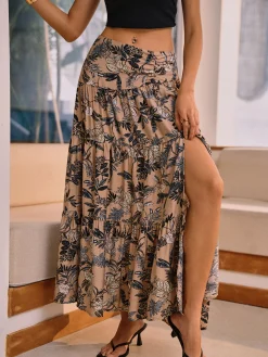 Sale Herbal Harmony Plant Print Split Maxi Skirt Skirts|Bottoms