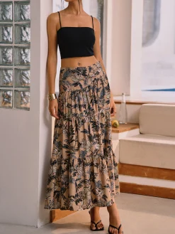 Sale Herbal Harmony Plant Print Split Maxi Skirt Skirts|Bottoms