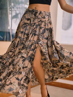 Sale Herbal Harmony Plant Print Split Maxi Skirt Skirts|Bottoms
