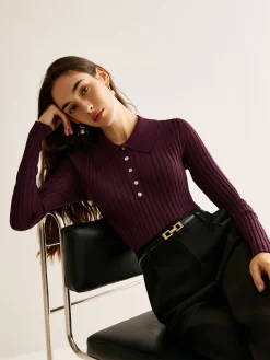 Clearance High Stretch Lapel Knit Top Sweater Tops|Sweaters & Cardigans