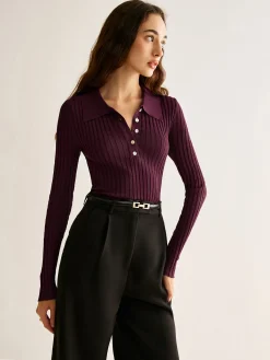 Clearance High Stretch Lapel Knit Top Sweater Tops|Sweaters & Cardigans