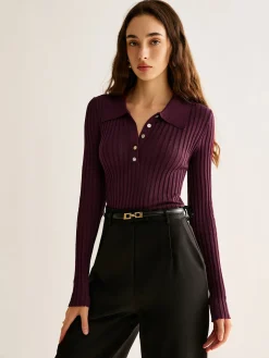 Clearance High Stretch Lapel Knit Top Sweater Tops|Sweaters & Cardigans