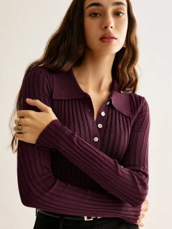Clearance High Stretch Lapel Knit Top Sweater Tops|Sweaters & Cardigans