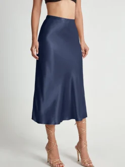 Hot High Waisted Satin Flowy Midi Skirt Skirts|Bottoms