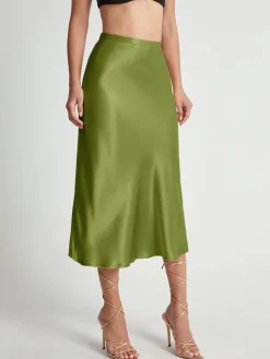 Hot High Waisted Satin Flowy Midi Skirt Skirts|Bottoms