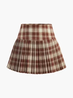 Best High-Waist Checked Pleated Skirt Skirts|Bottoms