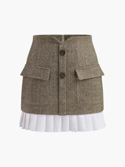 High-Waist Chevron Pleated Zipper Panel Skirt Bottoms
