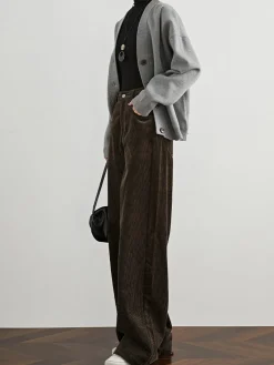 Online High-Waist Corduroy Draped Pants Pants|Bottoms
