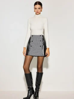 Clearance High-Waist Houndstooth Panel Faux Leather Skirt Bottoms