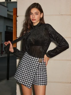 Best High-Waist Metal-Button Houndstooth Shorts Shorts|Bottoms