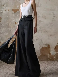 Clearance High-Waist Piping Bell Pants Without Belt Pants|Bottoms