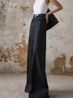 Clearance High-Waist Piping Bell Pants Without Belt Pants|Bottoms