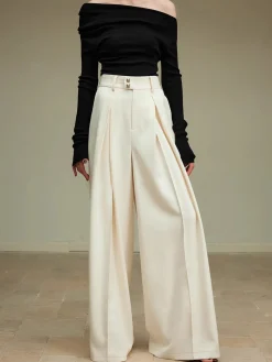 Online High-Waist Pleated Wide-Leg Pants Pants|Bottoms