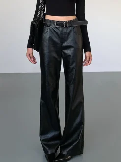 Discount High-Waist PU Leather Pants Without Belt Pants