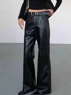 Discount High-Waist PU Leather Pants Without Belt Pants