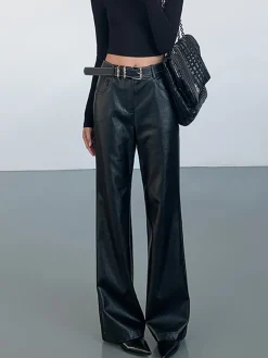 Discount High-Waist PU Leather Pants Without Belt Pants
