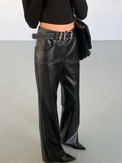 Discount High-Waist PU Leather Pants Without Belt Pants