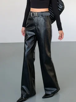 Discount High-Waist PU Leather Pants Without Belt Pants