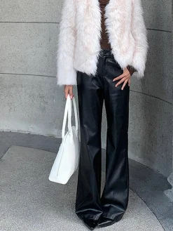Discount High-Waist PU Leather Pants Without Belt Pants