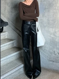 Discount High-Waist PU Leather Pants Without Belt Pants