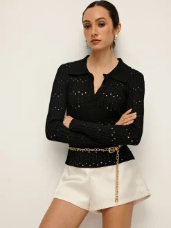 Sale Hollow Button Polo Sweater Without Belt Sweater Tops|Sweaters & Cardigans
